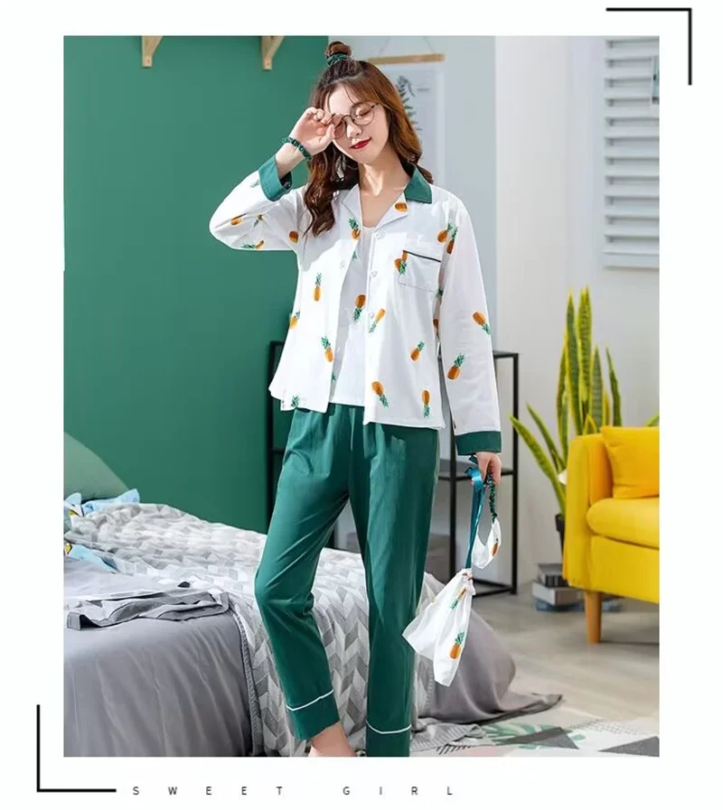 100% de Pijamas de Algodão de Conjunto de Mulheres de Doce de desenhos animados de Impressão Full-Camisa de Manga Pijamas Top Soft Homewear Roupas de Tamanho Grande 7PCS/Set