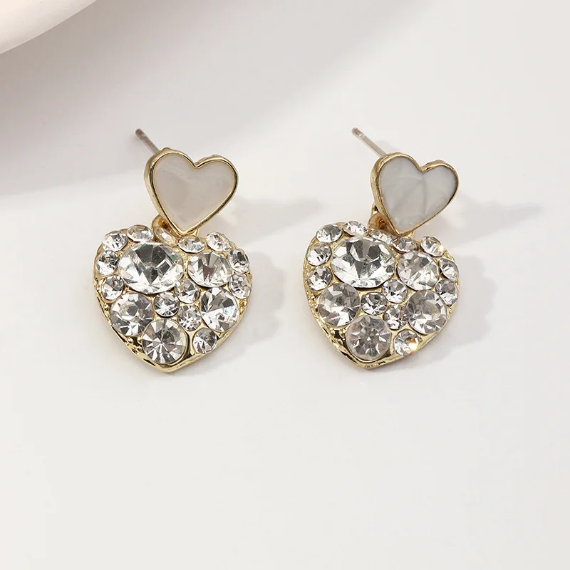 2021 Nova Moda Duplo Coração de Amor Dangle Brincos de Cristal de Zircão Pérola de Pedra Coração de Ouro Brinco coreano de Jóias de Moda para as Mulheres