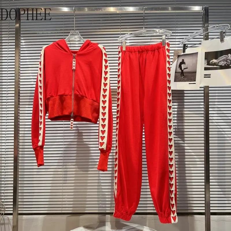 2022 Nova Moda Outono Mulheres Duas peças de Conjunto Zip Buraco de Amor Short de Moletom + Vincular Pés de Cintura Elástica de Calças Casuais Vermelho Ternos