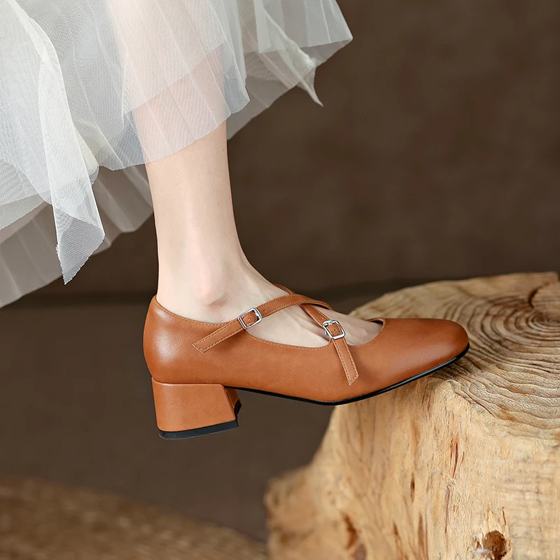 2023 primavera mulheres bombas de couro natural 22-24.5 cm de comprimento de couro+porco dedo do pé Quadrado Vintage Mary Jane shoes sapatos de mulher
