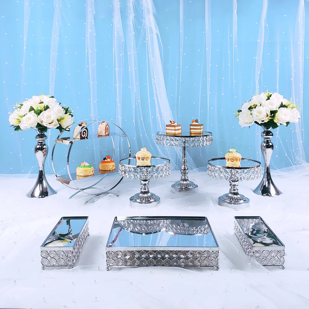 9pcs prata Cristal de Bolo de Stand Conjunto de espelho de Metal Cupcake stand decorações de Sobremesa Pedestal Festa de casamento de Exibição bolo de tabuleiro