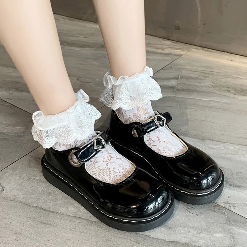 A primavera e o Outono Meninas Lolita Sapatos de Couro de Patente de Mulheres Mary Jane Shoes Plataforma de Mulheres Liso do Dedo do pé Redondo Sapatos femininos Preto