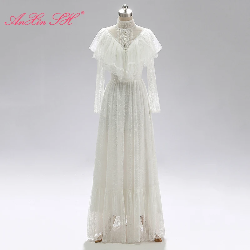 AnXin SH francês flor branca de rendas vintage de alta pescoço colares de pérolas de manga longa babados noiva vestido de noite vestidinho branco