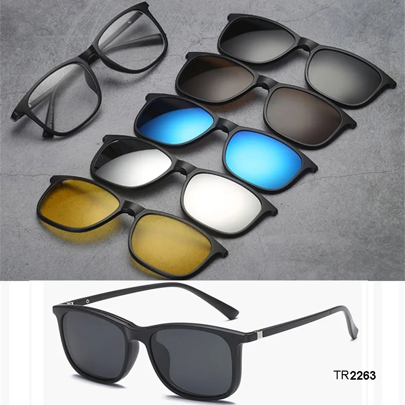 Brightzone 2019 Novo 5pcs Magnético Clip-on Polarizada Visão Noturna Óculos de sol Retro Homens Tr90 Armações de Óculos Vintage