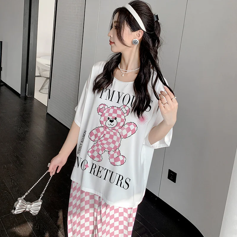 Cetim Chiffon de Gelo Seda Estudante de Pijamas para Mulheres de Verão Fina Bonito de Manga Curta, Calças de Perna Larga Conjunto de roupa de dormir