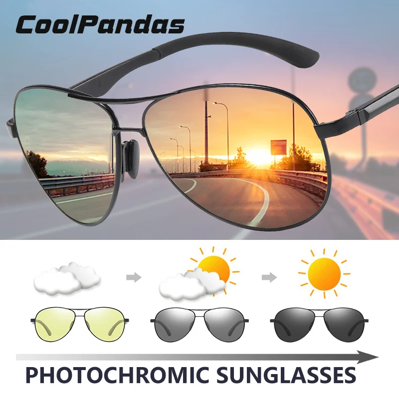 CoolPandas Piloto de Óculos de sol Polarizados Homens Fotossensíveis da Noite do Dia de Visão de Aviação Óculos de Sol das Mulheres Camaleão gafas de sol hombre