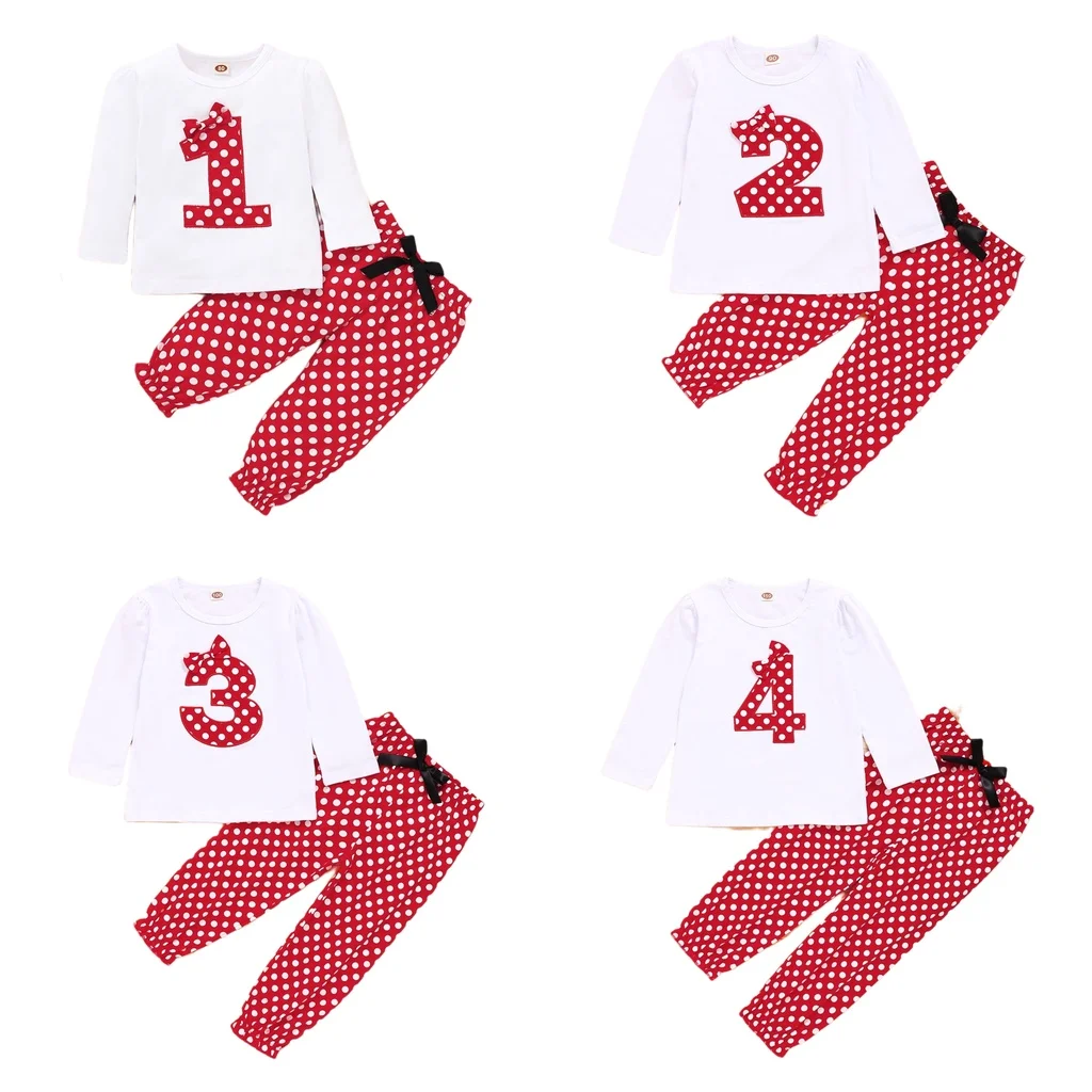 Criança Criança Menina Do Primeiro Aniversário Do Número De Aniversário De Design Traje Camisas Manga Longa Vermelho De Bolinhas De Calças De Pijama De Lazer Roupa