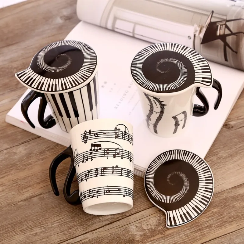 Criativo de cerâmica nota de música marca de água copa do teclado par xícara de café, copo com tampa casal do agregado familiar do office personalizado