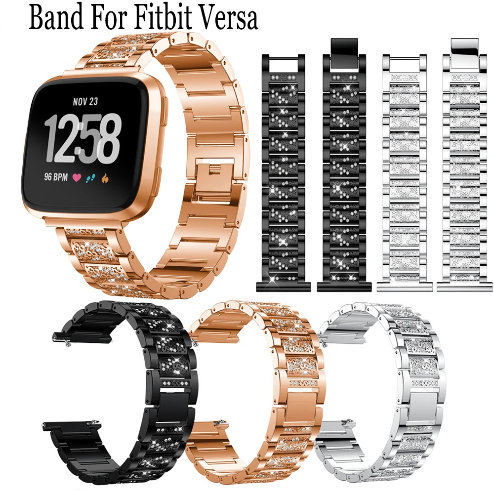 De Aço Inoxidável Com Strass Pulseira Pulseira Para Fitbit Versa Smart Watch Banda De Metal Acessórios De Reposição Bracelete Pulseira