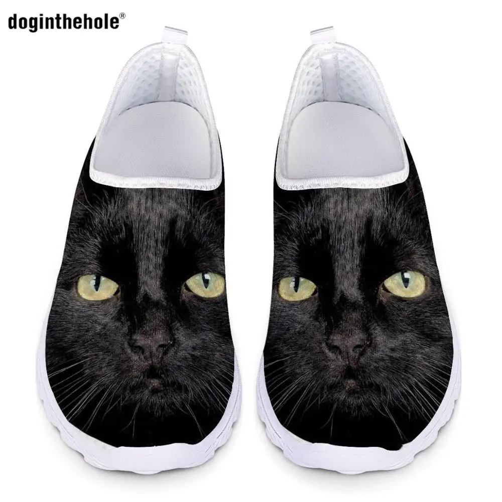 Doginthehole Sapatos para as Mulheres 2020 Bonito Gato Preto Impressos em 3D Deslizar Sobre Flats, Sapatilhas Primavera/Outono Respirável Sapatos de Senhoras