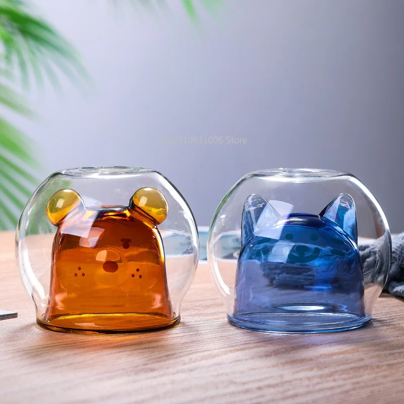 Duplo copo de vidro com animais de padrão de café de suco de 