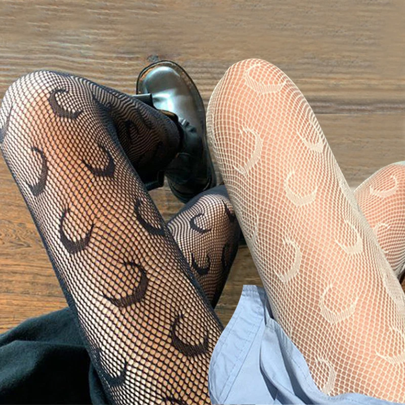 Estilo japonês Mulheres de Renda de Verão de Nylon de Impressão Meias Sexy meia-Calça para Mulheres Punk Malha Meias Arrastão Branco Preto meia-Calça