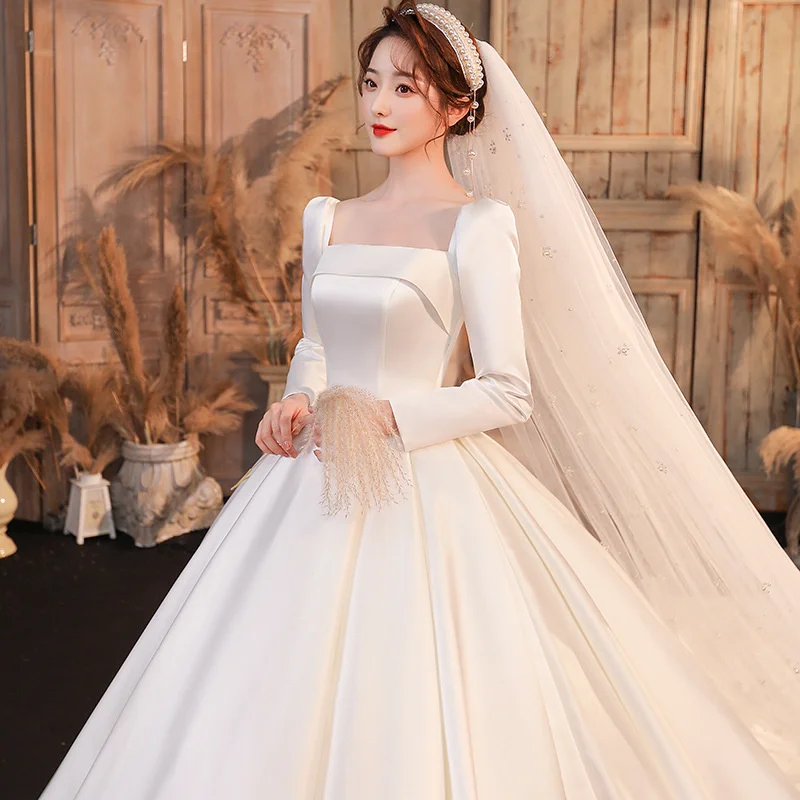 Francês Cetim de manga Longa principal de casamento vestido de noiva temperamento rejeito simples atmosfera de Noiva de Cetim Vestido de Casamento de outono