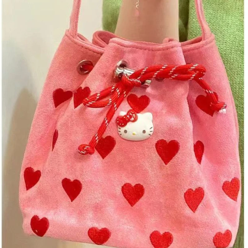 Hello Kitty Mulheres Bolsa de Ombro cor-de-Rosa Bonito Bordado Coração do Cordão da Bolsa de Nova Mini Balde Saco Saco de Mulheres