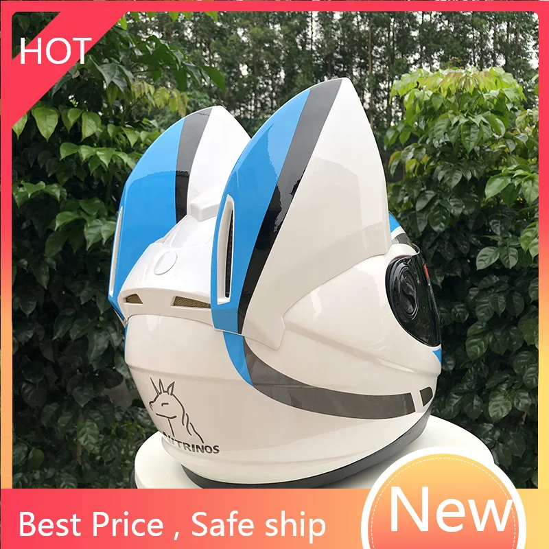 Linda orelhas de gato corrida de automóveis fog capacete integral capacete casco do capacete da motocicleta máscara facial branco azul capacete