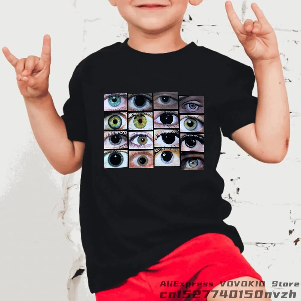 Menino Engraçado Olhos Diferentes de Impressão Preto T-Shirt de Criança Hip Hop Ganhos de Verão Vermelho Branco Tops Tee Bebê Rock Roupas de Streetwear