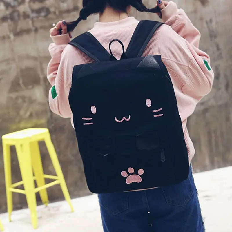 moda Gato Bonito Bordado de Lona Aluno saco de Desenhos de Mulheres Mochila de Lazer saco de Escola