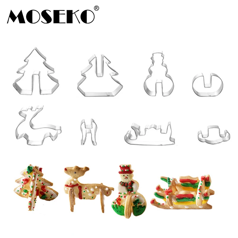 MOSEKO 8pcs/set de Aço Inoxidável 3D de Natal Cortadores de Cookie Bolo Cookie Molde Fondant Cortador de DIY Ferramentas de Cozimento