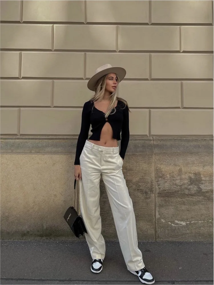 Mulheres de calças de 2022 design de moda nova cortina de cintura alta branco leite de perna larga calças de verão frete grátis