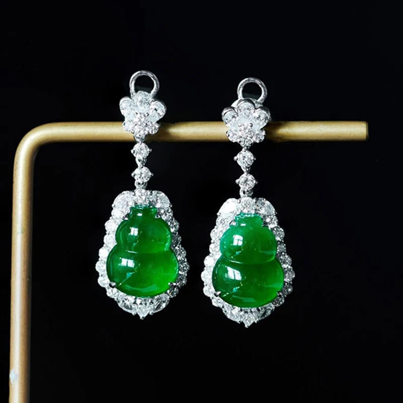 Nova alta natural de gelo de vidro transparente imperador verde cabaça brincos charme criativo retrô, feminino, jóias de prata