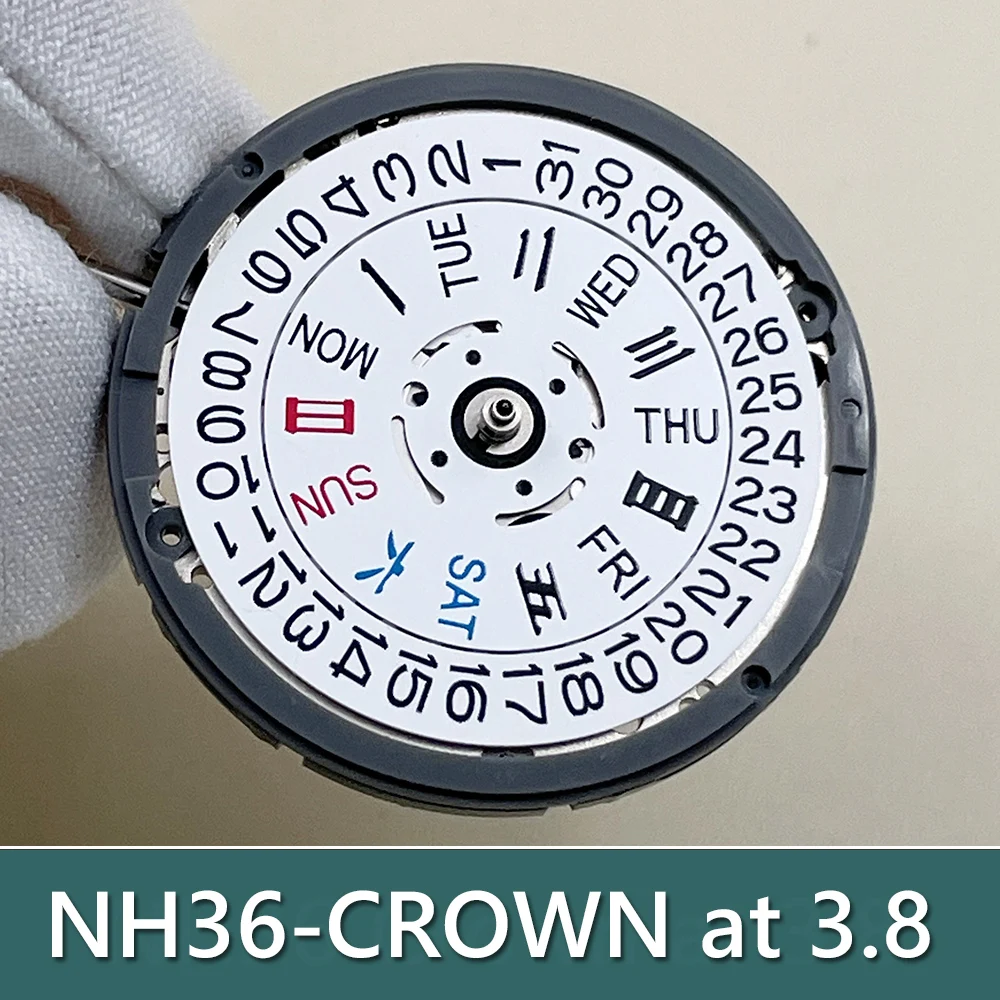 Padrão de 3,8 horas Coroa NH36 Movimento do Relógio Mecânico Branco Datewheel 24 Jóias Relojoeiro Japão Peças de reposição inglês