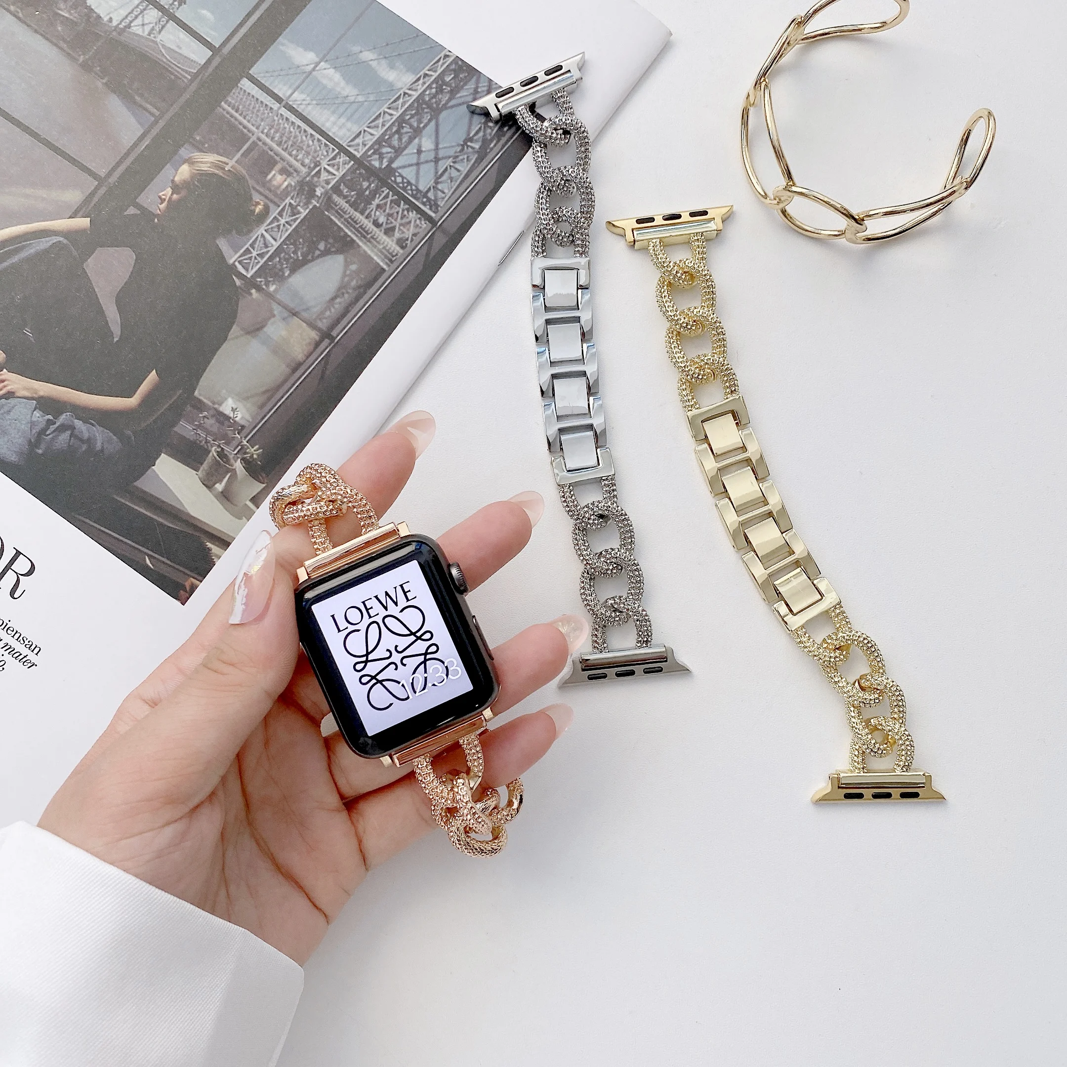 Para Apple Relógio com Alça de corrente pulseira de Aço Inoxidável Série 6 SE 5 4 3 40/44mm Pulseira Bracelete para o Iwatch se 7 38/42mm