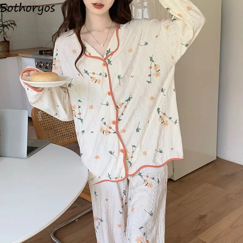 Pijama Conjuntos Mulheres Impressão Moda Outono Concurso Pijamas Respirável Casual Aluno Aconchegante Doce Senhoras Diário Coreano Simples Homewear