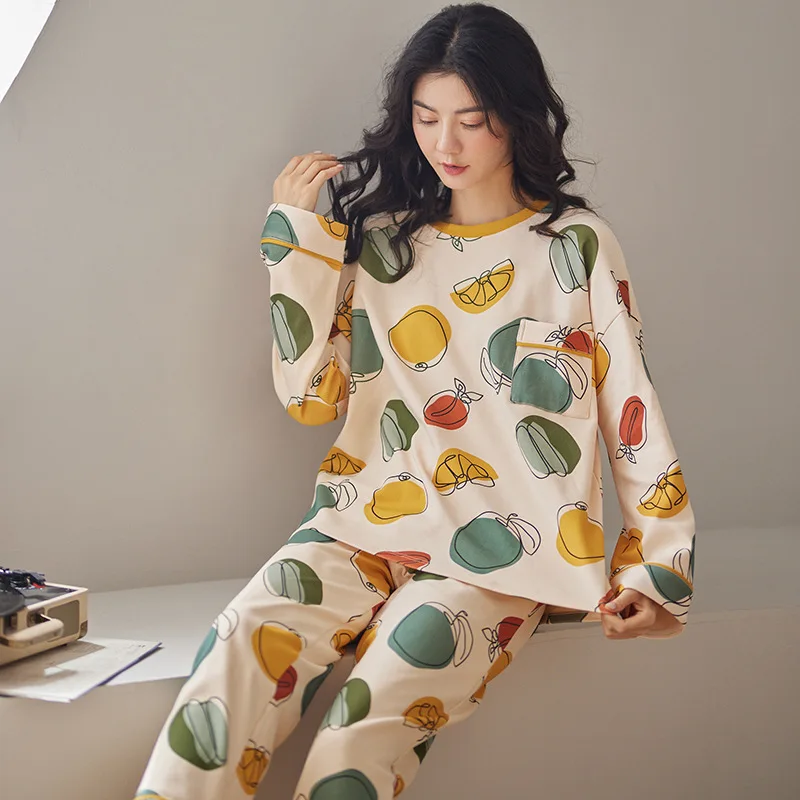 Pijamas de algodão de Outono e de Inverno de Manga Longa Casual Tops Soltos e Bonitos Conjuntos de Homewear