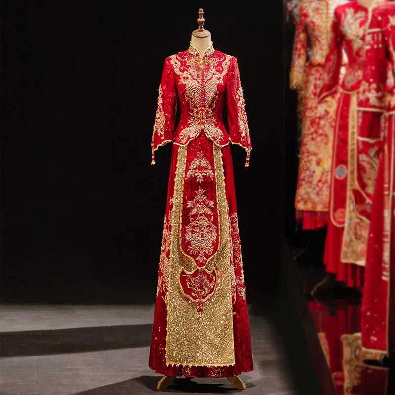 Pingente De Pérola De Estilo Chinês, Lantejoulas Vestido De Noiva Cheongsam Lantejoulas Frisado Casamento Terno Oriental Noiva Roupas Vintage Qipao