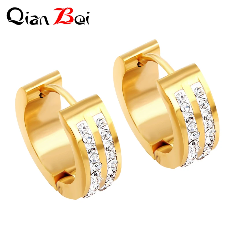 QianBei Moda de Ouro, Cor de Prata Mulheres de Aço Inoxidável Zircão Brinco de Orelha Stud Homens Mulher Jóias Presentes