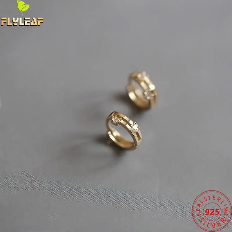 Real 925 Prata Esterlina Zircão Pequenos Brincos de argola Para as Mulheres, Ouro 14k Plated Dupla Camada Earings Feminino Jóias Finas