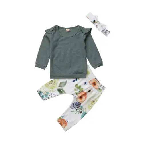 Recém-nascido Menina Floral Roupas de Manga Longa Outono T-Shirt Tops Calça Cabeça 3PCS Roupa do Bebê Definida 0-24M