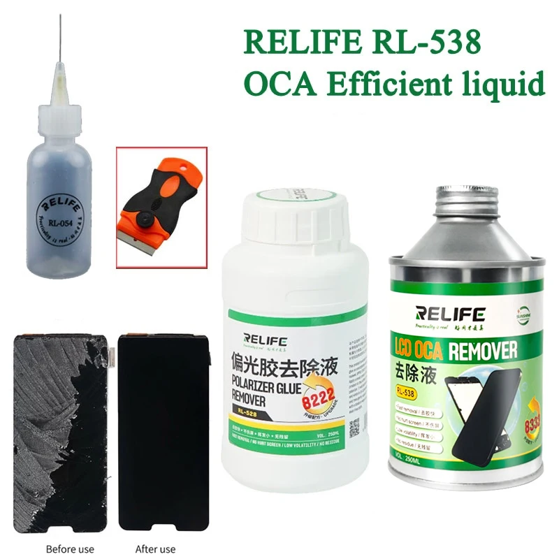 RELIFE RL-538 OCA Eficiente líquido removedor de Tela de Toque de Remoção de Líquidos Reparação Cola Fluido do PWB de Limpeza para o Iphone Sumsung+faca