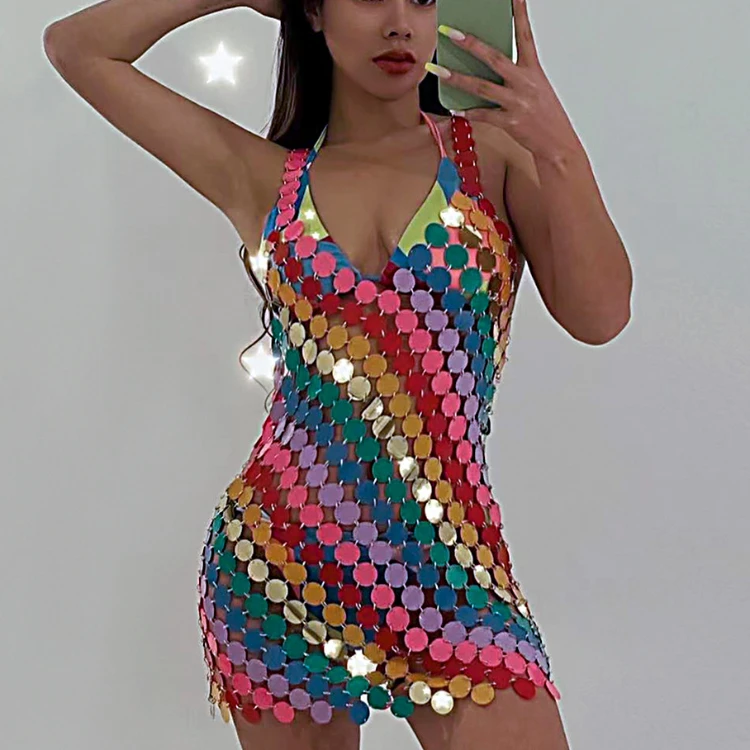 Sexy colorido de lantejoulas tecer biquíni corpo cadeia de 2022, a nova moda criativa sem encosto sexy club vestido de praia