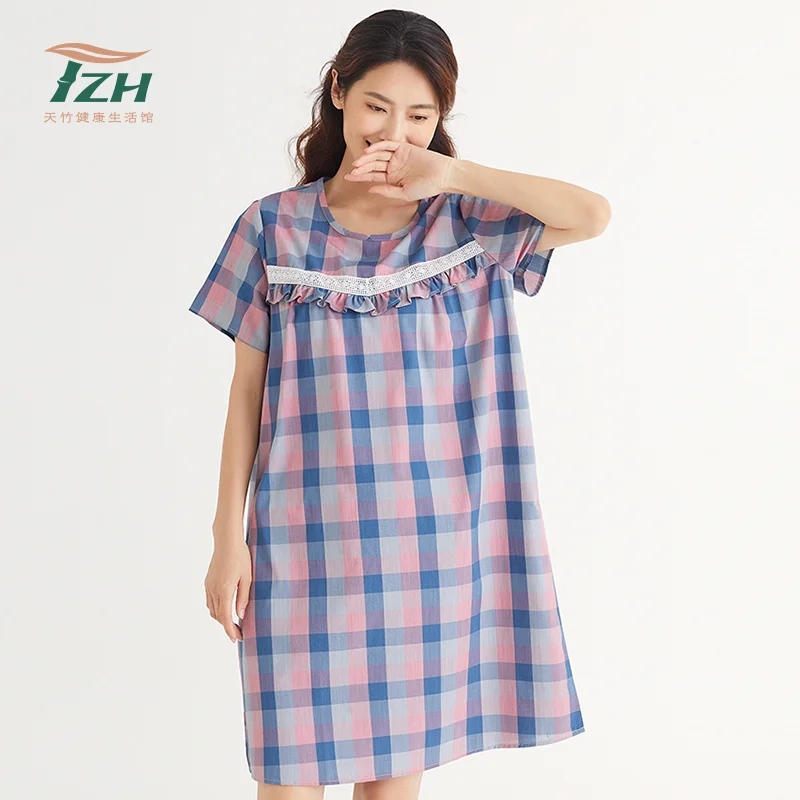 TianZhu Marca de Verão Pijama Vestido das Senhoras Finas de Bambu, Material da Fibra de Moda Verificar Nightdress Macio e Confortável com a Pele-amigável