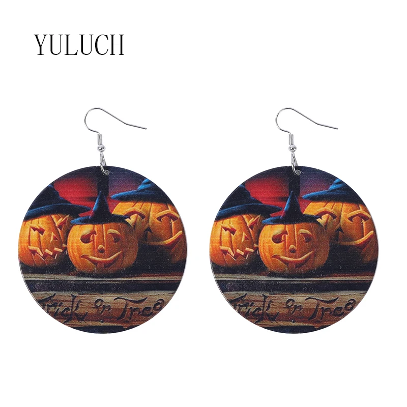 YULUCH de madeira Natural pingente redondo brincos forladies Halloween impressão em duas faces em madeira brincos mulheres elegantes de madeira simples