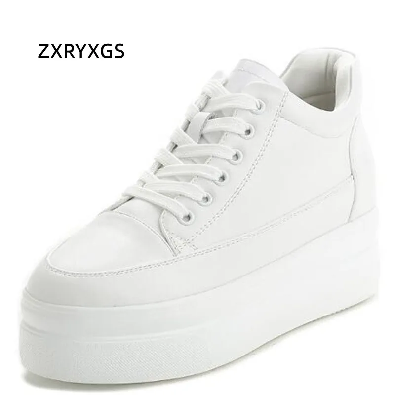 ZXRYXGS Nova Moda das Mulheres de Couro Genuíno Sapatos de Plataforma Dentro de Aumento de Sapatos Brancos 2023 Lace-up de Inverno Preto Sapato Casual Maré